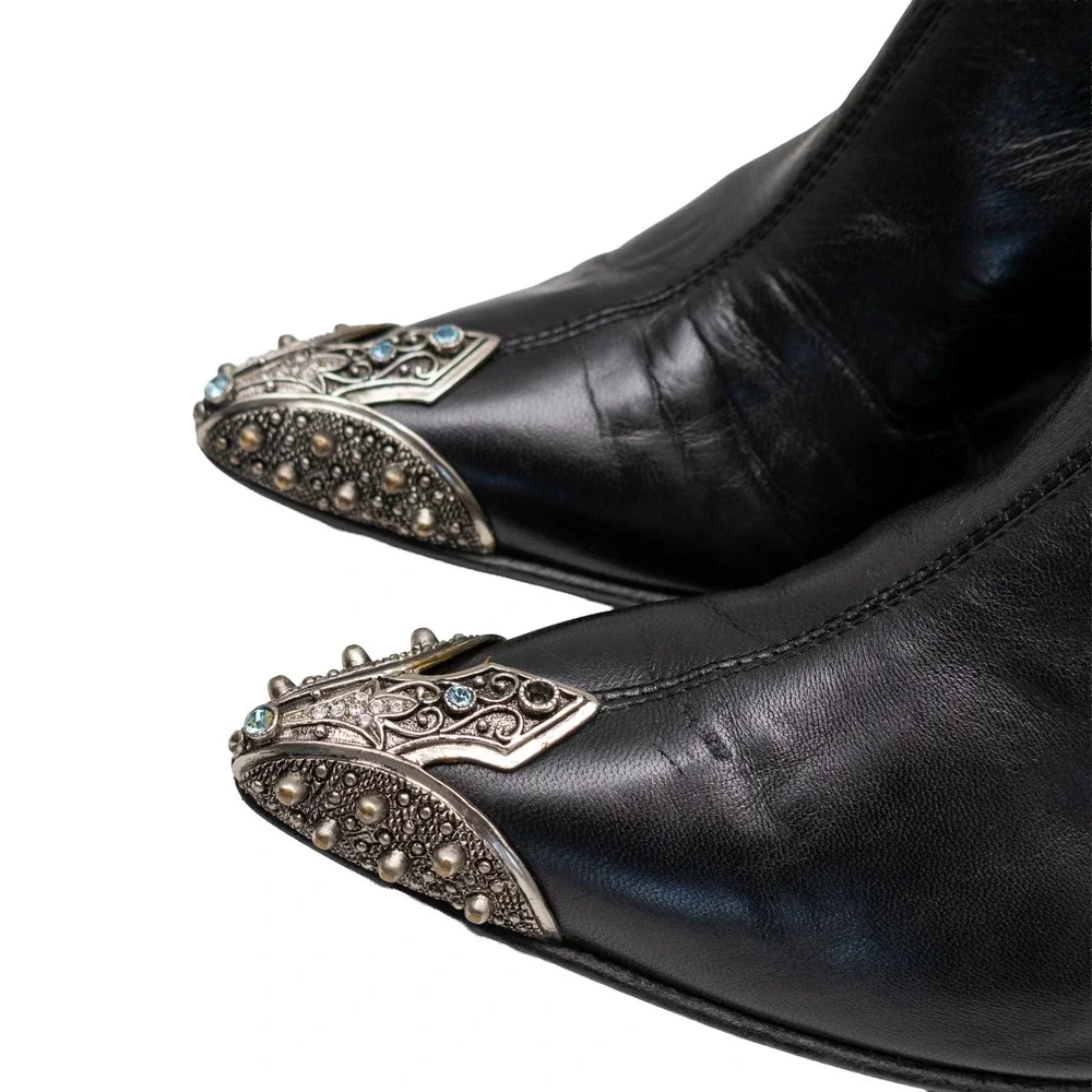 Vicini Black Leather Crystal Embellished Pointed Toe Ankle Boots EU 36 US 6